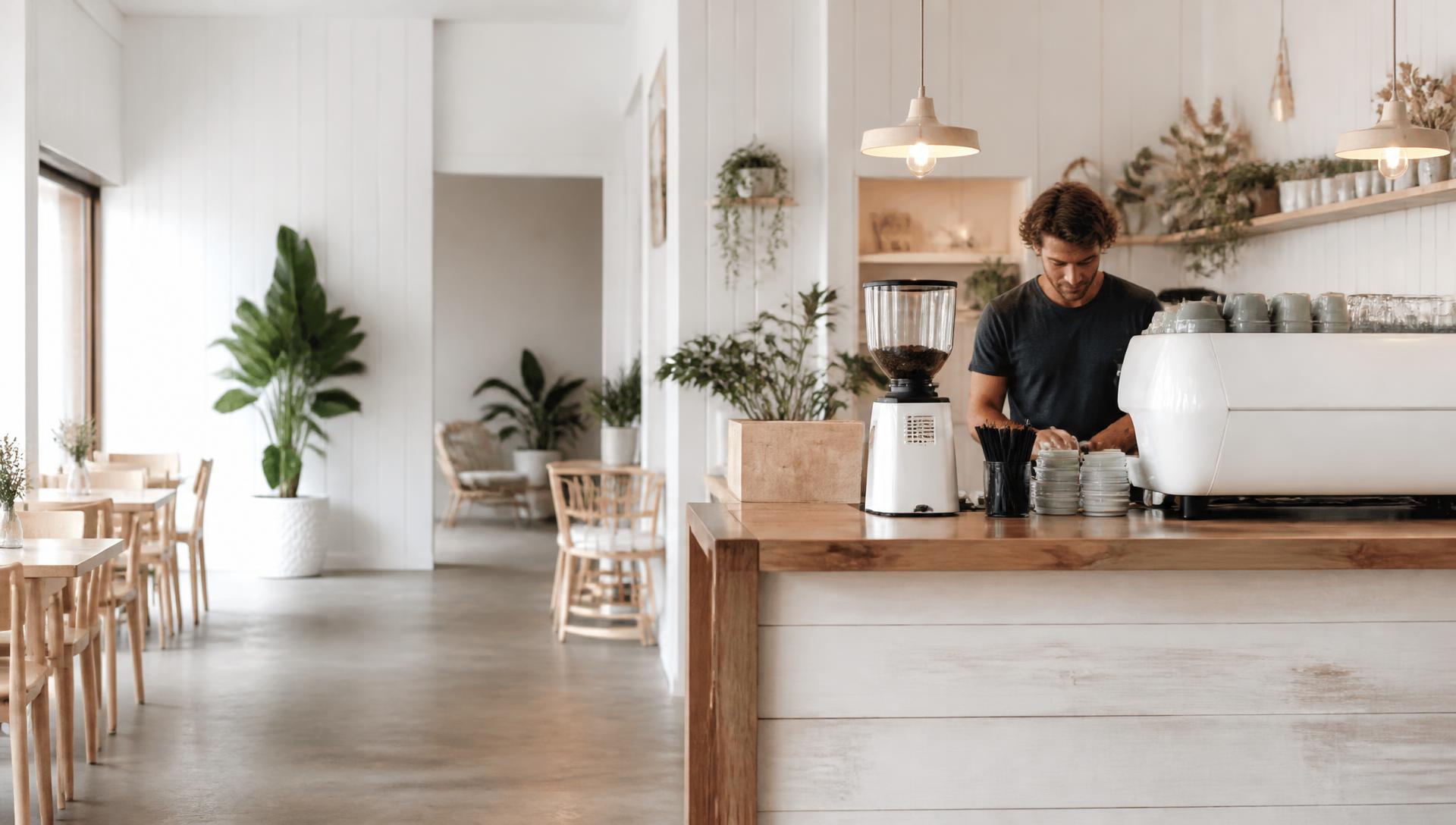 Bright modern Australian cafe interior with timber counter and greenery